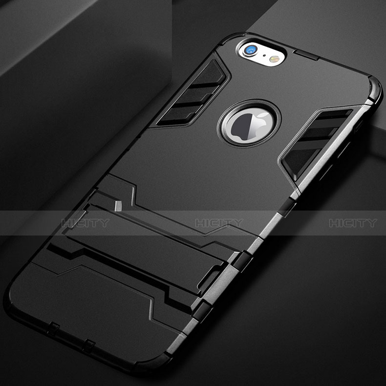 Funda Bumper Silicona y Plastico Mate Carcasa con Soporte para Apple iPhone 6 Negro