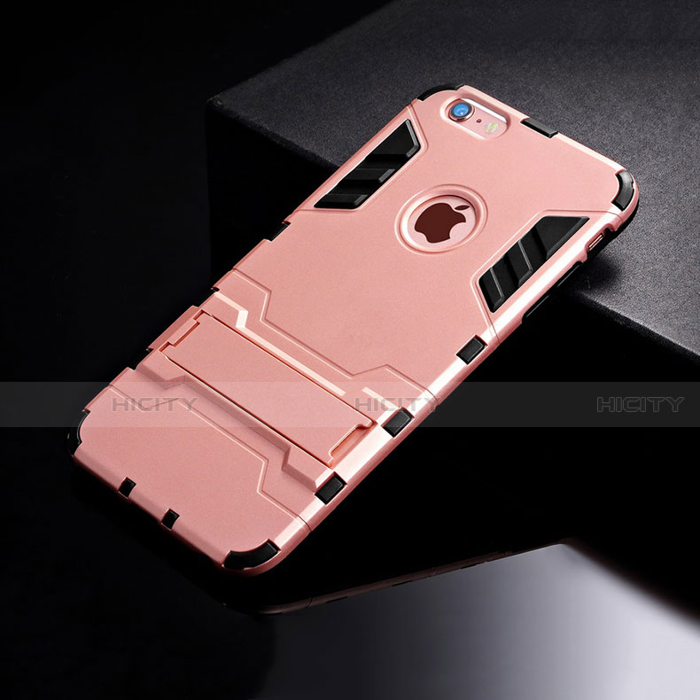 Funda Bumper Silicona y Plastico Mate Carcasa con Soporte para Apple iPhone 6 Oro Rosa