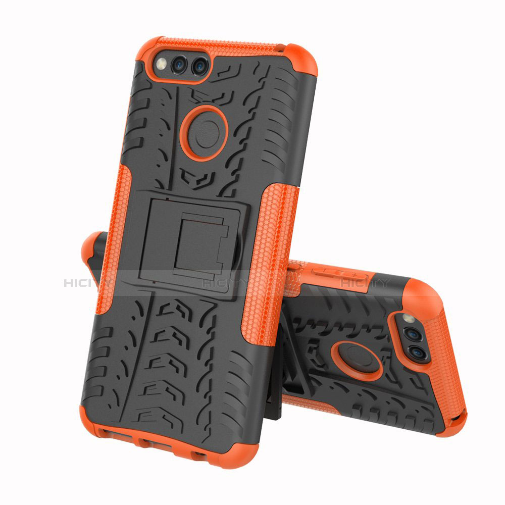 Funda Bumper Silicona y Plastico Mate Carcasa con Soporte para Huawei Honor 7A Naranja