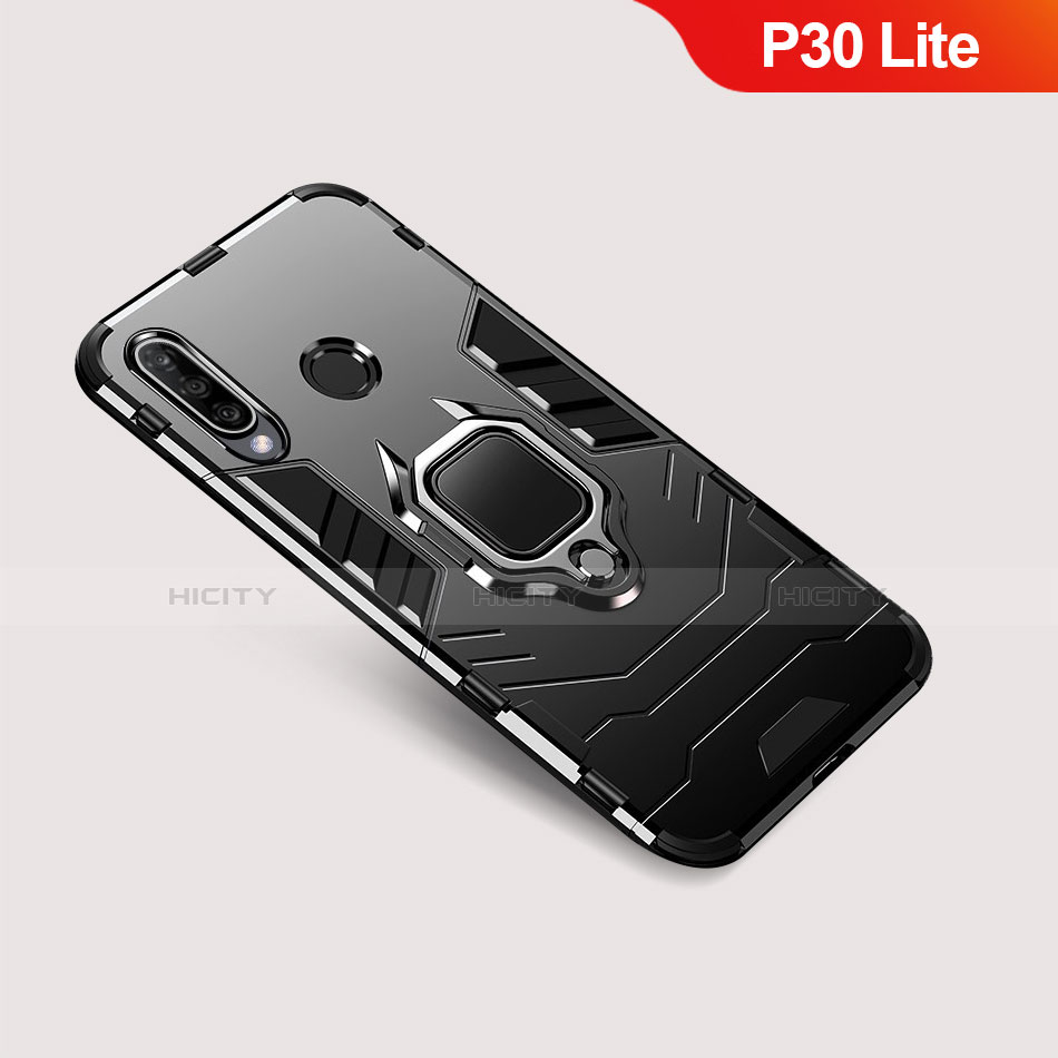 Funda Bumper Silicona y Plastico Mate Carcasa con Soporte para Huawei P30 Lite New Edition Negro