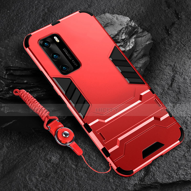 Funda Bumper Silicona y Plastico Mate Carcasa con Soporte para Huawei P40 Rojo