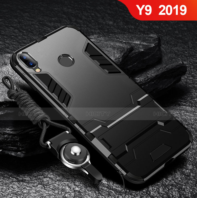 Funda Bumper Silicona y Plastico Mate Carcasa con Soporte para Huawei Y9 (2019) Negro