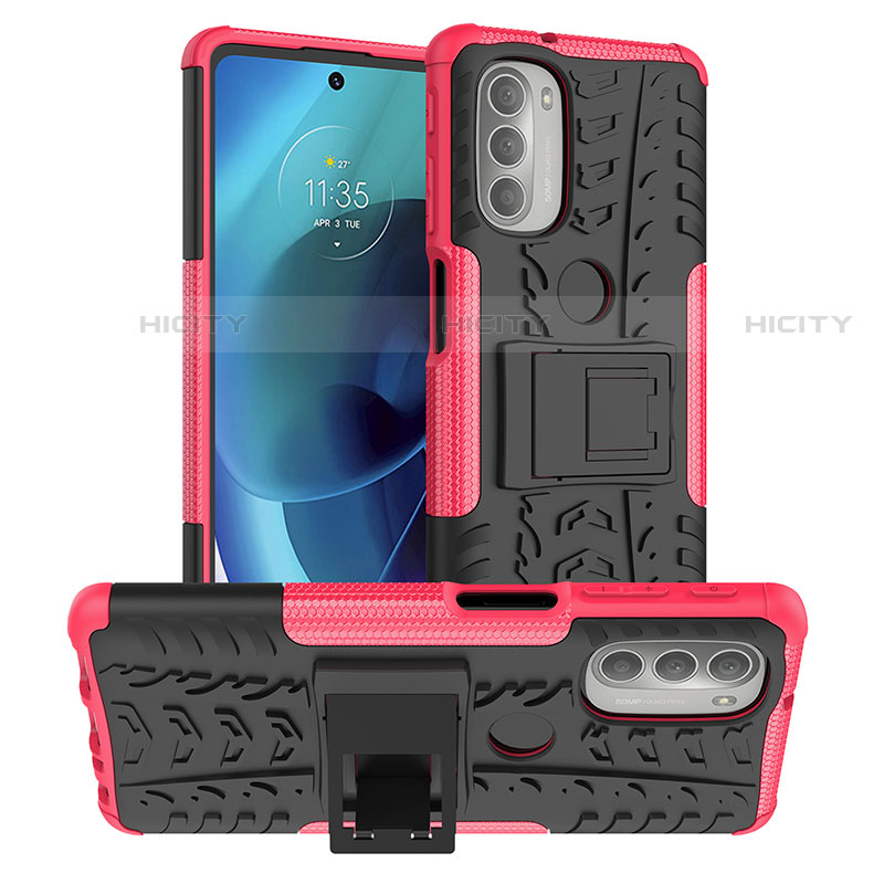 Funda Bumper Silicona y Plastico Mate Carcasa con Soporte para Motorola Moto G51 5G Rosa Roja