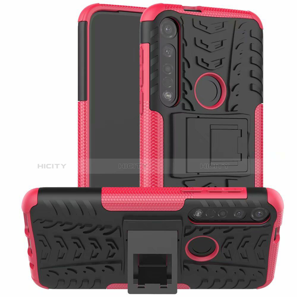 Funda Bumper Silicona y Plastico Mate Carcasa con Soporte para Motorola Moto G8 Plus Rosa Roja