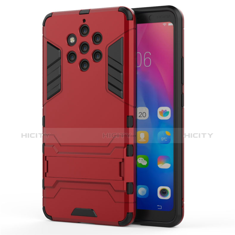 Funda Bumper Silicona y Plastico Mate Carcasa con Soporte para Nokia 9 PureView Rojo