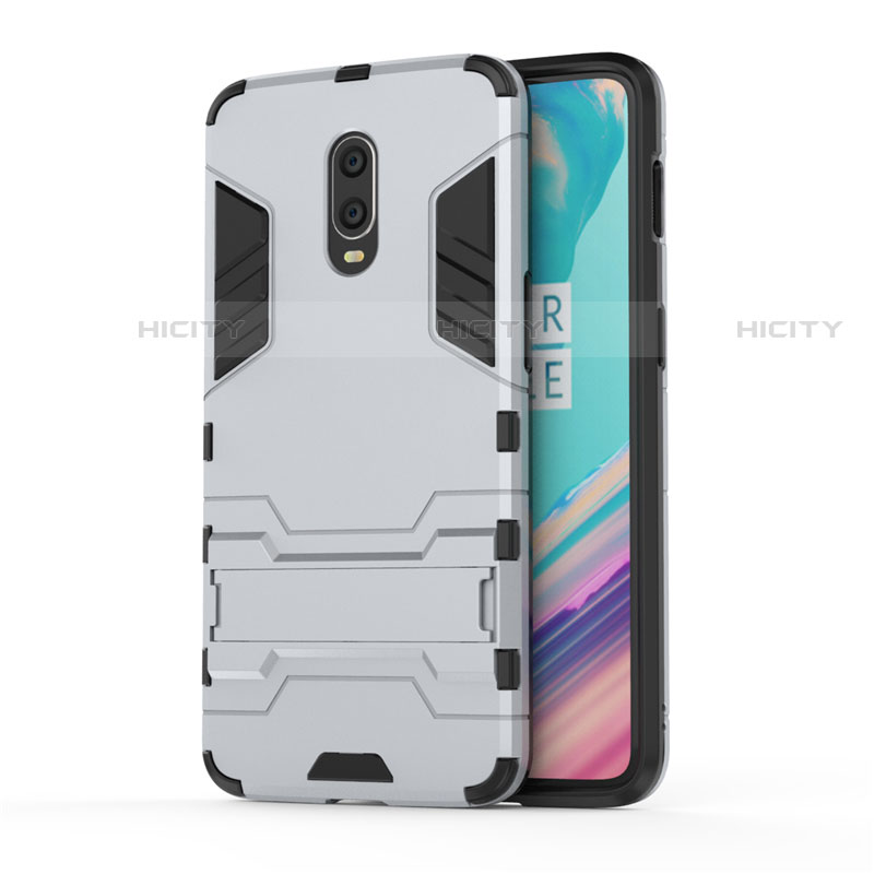 Funda Bumper Silicona y Plastico Mate Carcasa con Soporte para OnePlus 7 Plata