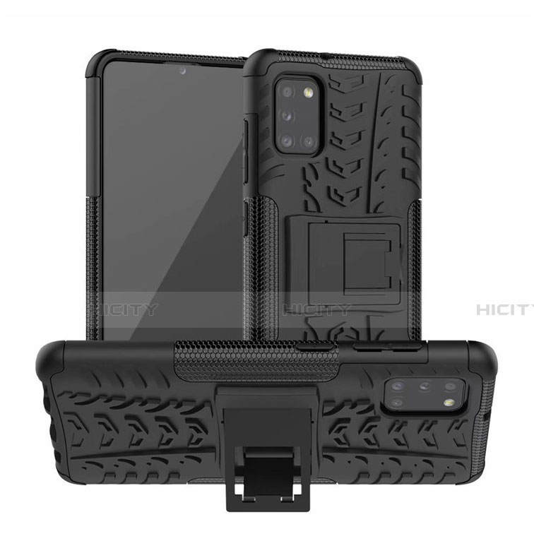 Funda Bumper Silicona y Plastico Mate Carcasa con Soporte para Samsung Galaxy A31 Negro