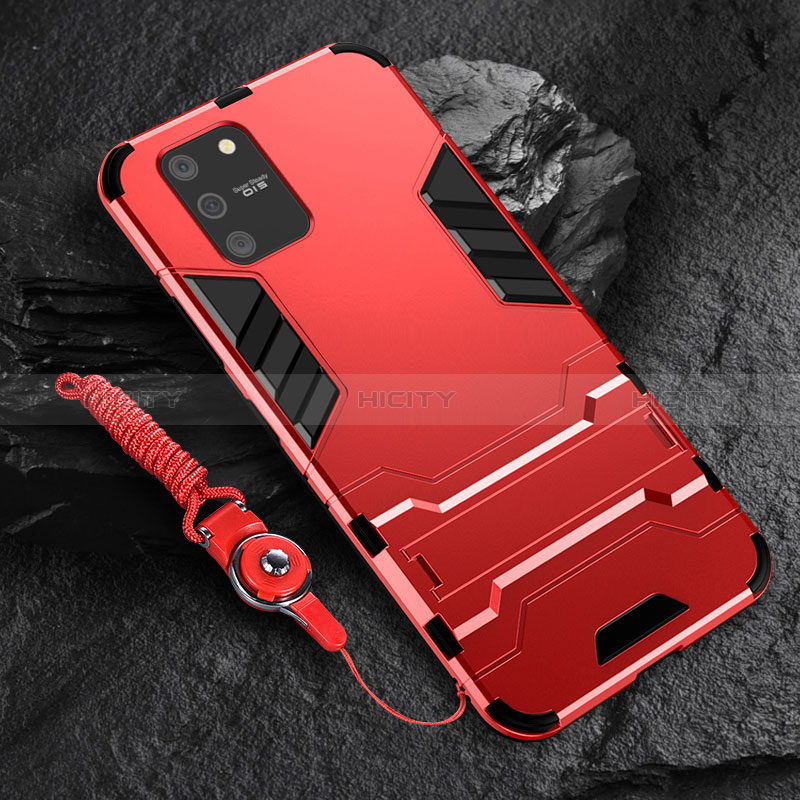 Funda Bumper Silicona y Plastico Mate Carcasa con Soporte para Samsung Galaxy A91 Rojo