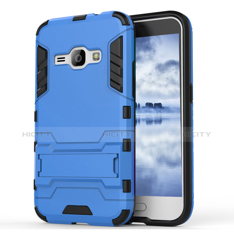 Funda Bumper Silicona y Plastico Mate Carcasa con Soporte para Samsung Galaxy J1 (2016) J120F Azul