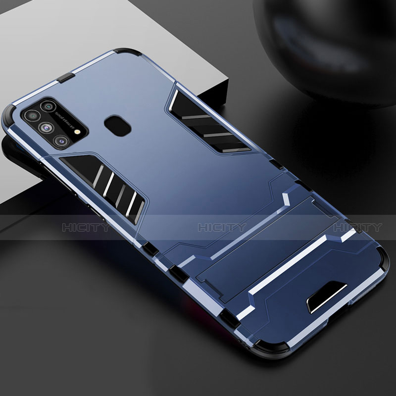 Funda Bumper Silicona y Plastico Mate Carcasa con Soporte para Samsung Galaxy M21s Azul