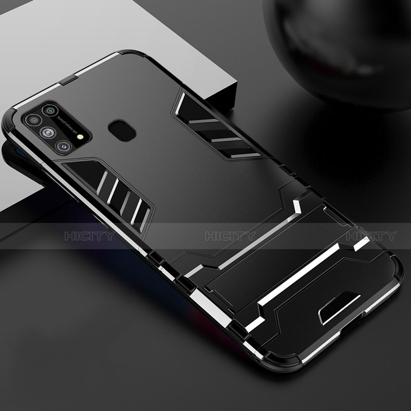 Funda Bumper Silicona y Plastico Mate Carcasa con Soporte para Samsung Galaxy M21s Negro