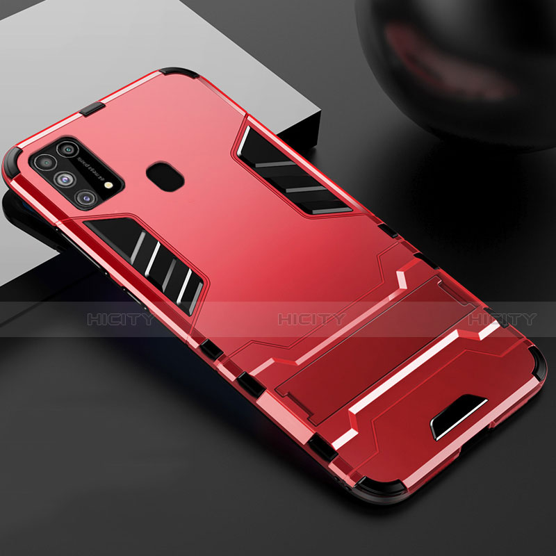 Funda Bumper Silicona y Plastico Mate Carcasa con Soporte para Samsung Galaxy M21s Rojo