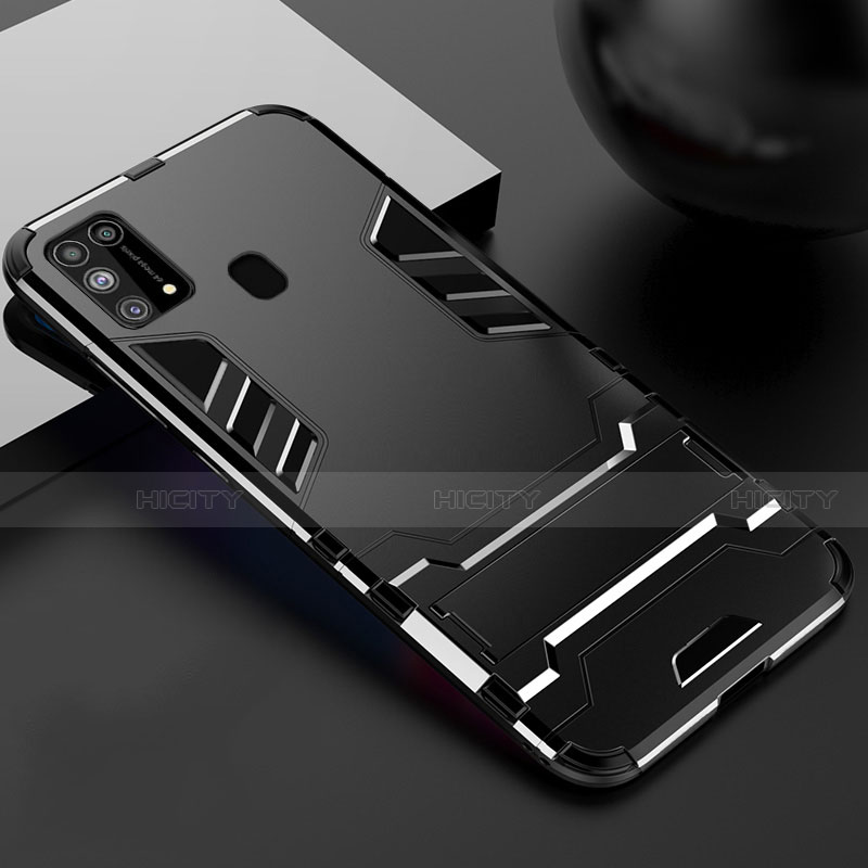 Funda Bumper Silicona y Plastico Mate Carcasa con Soporte para Samsung Galaxy M31 Prime Edition Negro