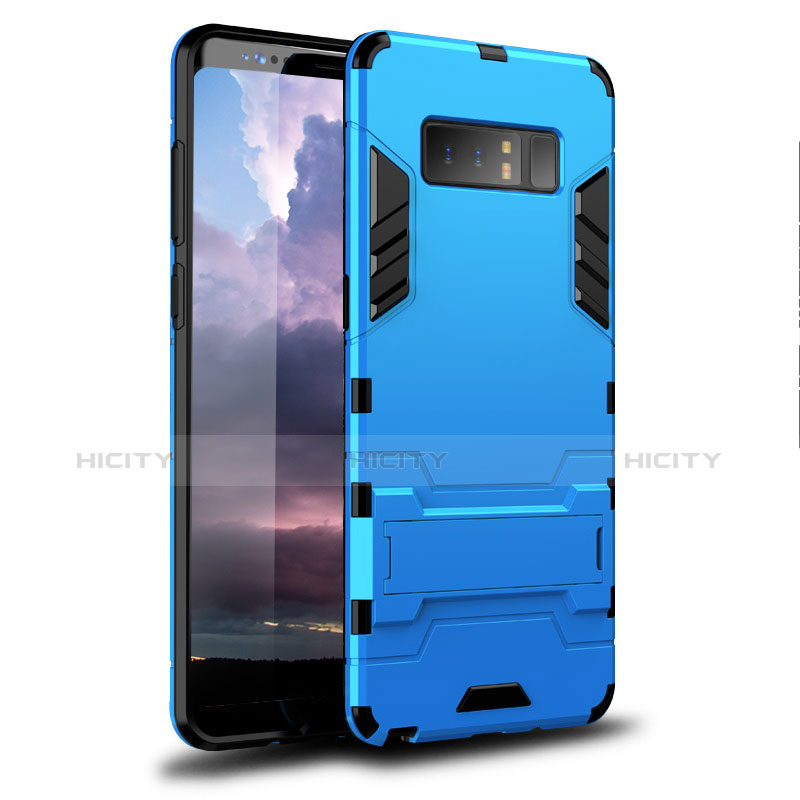 Funda Bumper Silicona y Plastico Mate Carcasa con Soporte para Samsung Galaxy Note 8 Duos N950F Azul Cielo