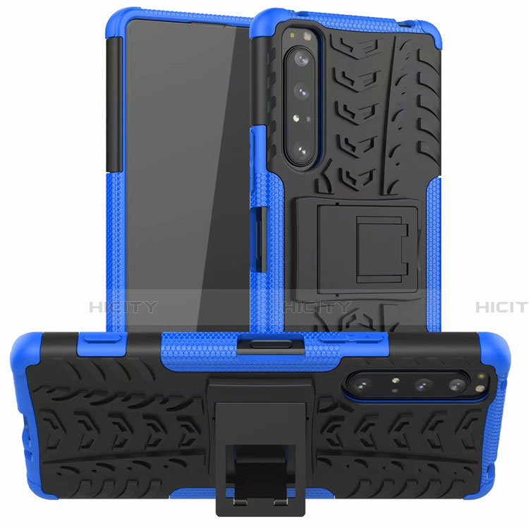Funda Bumper Silicona y Plastico Mate Carcasa con Soporte para Sony Xperia 1 II Azul