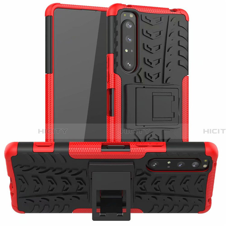 Funda Bumper Silicona y Plastico Mate Carcasa con Soporte para Sony Xperia 1 II Rojo