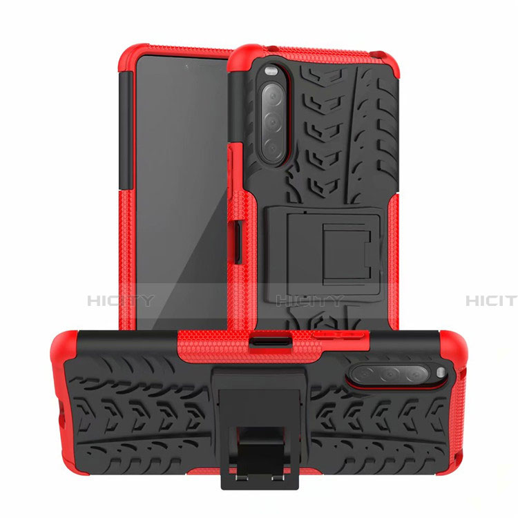 Funda Bumper Silicona y Plastico Mate Carcasa con Soporte para Sony Xperia 10 II Rojo