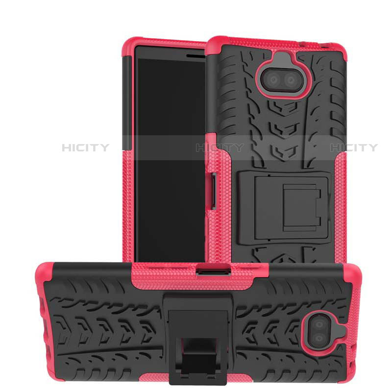 Funda Bumper Silicona y Plastico Mate Carcasa con Soporte para Sony Xperia 10 Rosa Roja