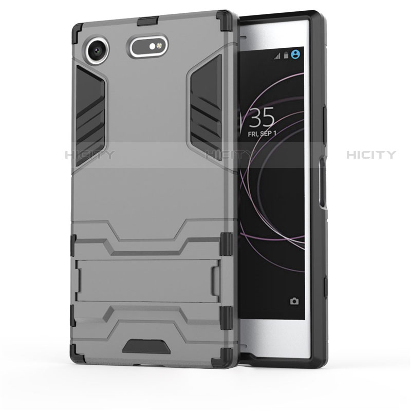 Funda Bumper Silicona y Plastico Mate Carcasa con Soporte para Sony Xperia XZ1 Compact Gris