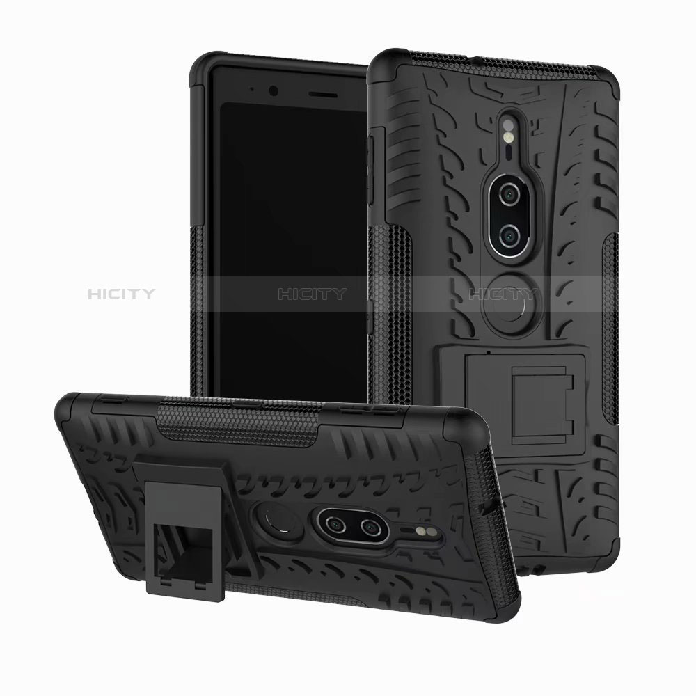 Funda Bumper Silicona y Plastico Mate Carcasa con Soporte para Sony Xperia XZ2 Premium Negro