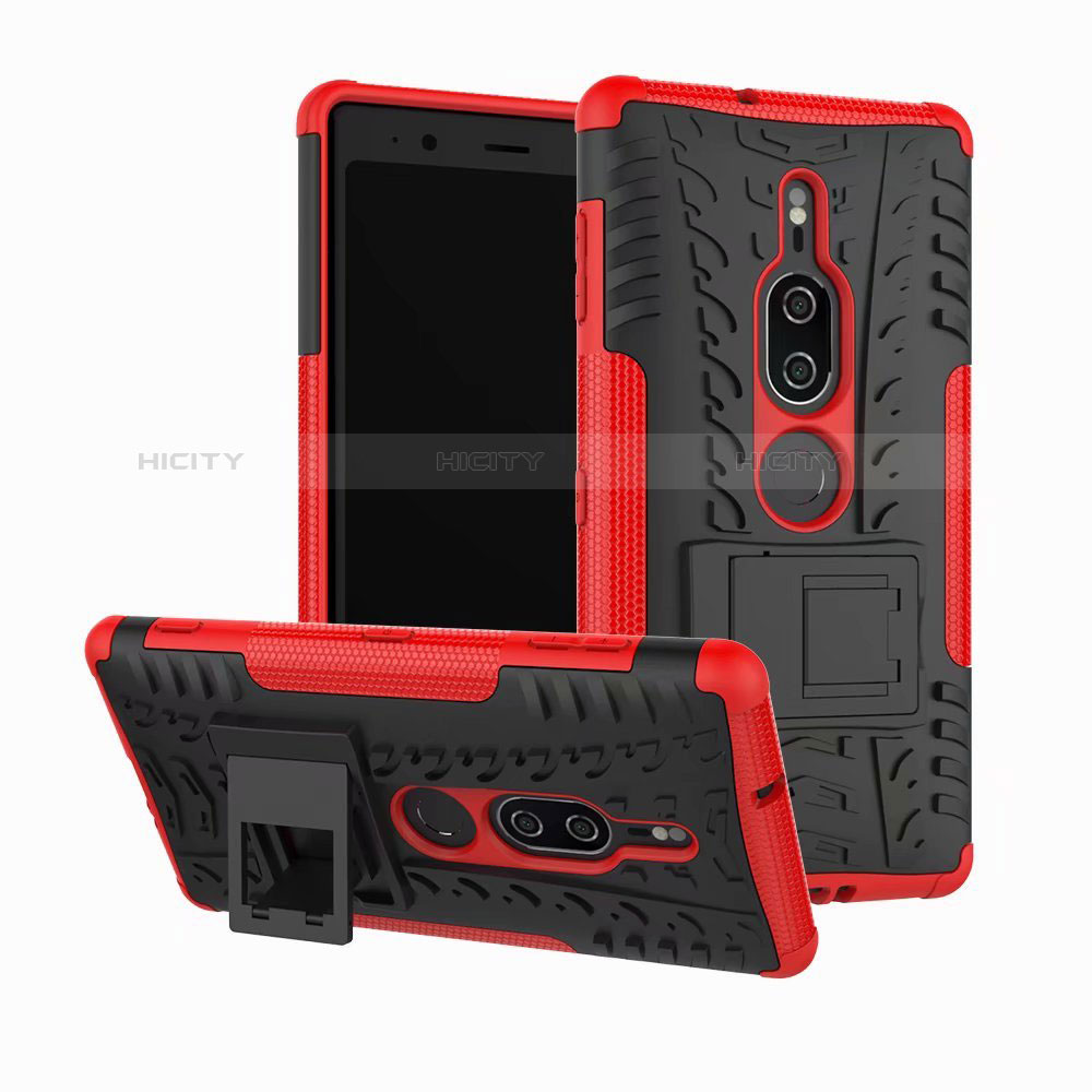 Funda Bumper Silicona y Plastico Mate Carcasa con Soporte para Sony Xperia XZ2 Premium Rojo
