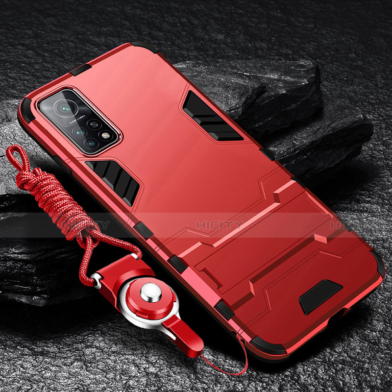 Funda Bumper Silicona y Plastico Mate Carcasa con Soporte para Xiaomi Mi 10T 5G Rojo