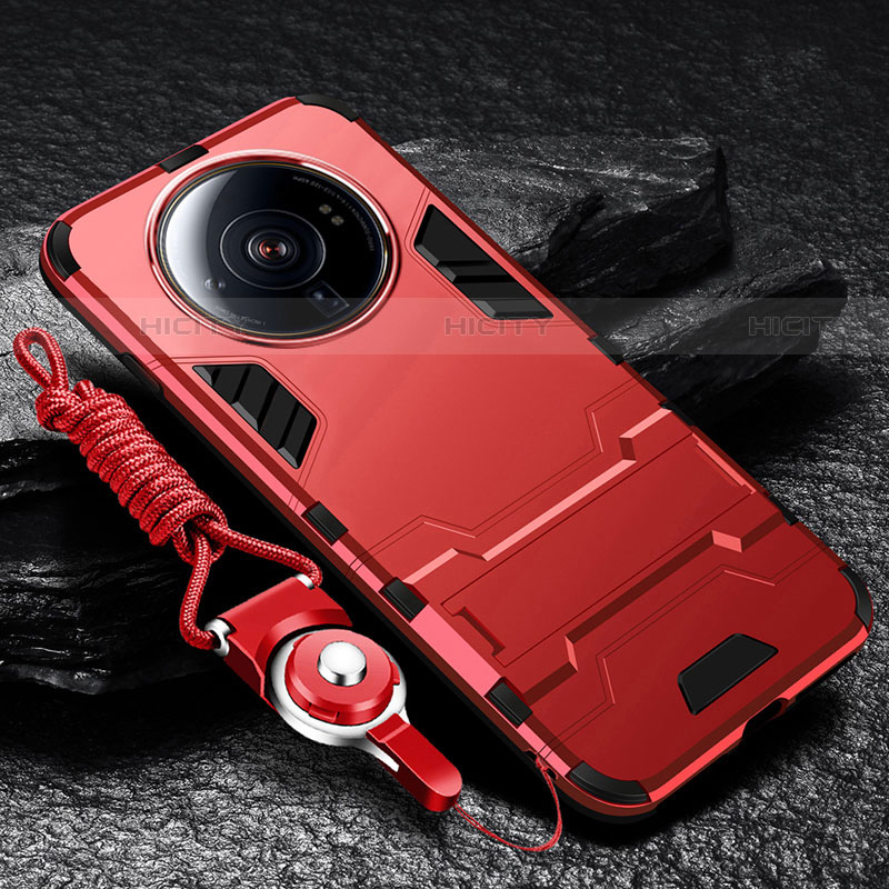 Funda Bumper Silicona y Plastico Mate Carcasa con Soporte para Xiaomi Mi 12 Ultra 5G Rojo