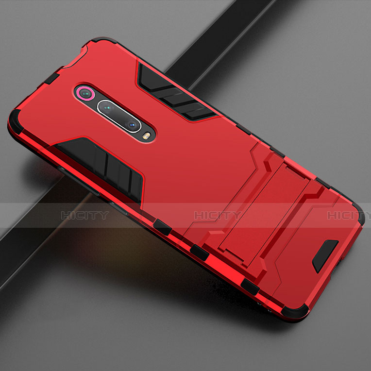 Funda Bumper Silicona y Plastico Mate Carcasa con Soporte para Xiaomi Mi 9T Pro Rojo