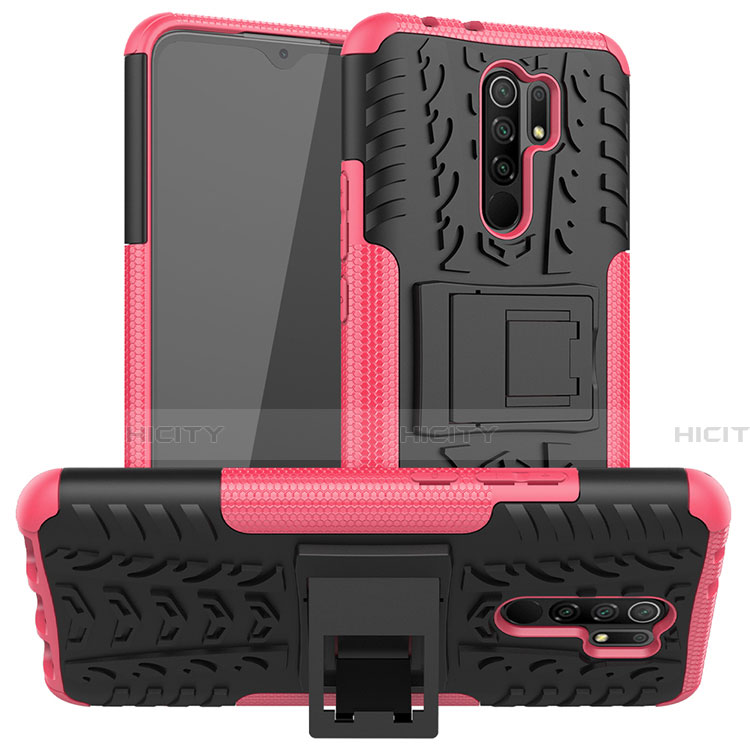 Funda Bumper Silicona y Plastico Mate Carcasa con Soporte para Xiaomi Redmi 9 Rosa