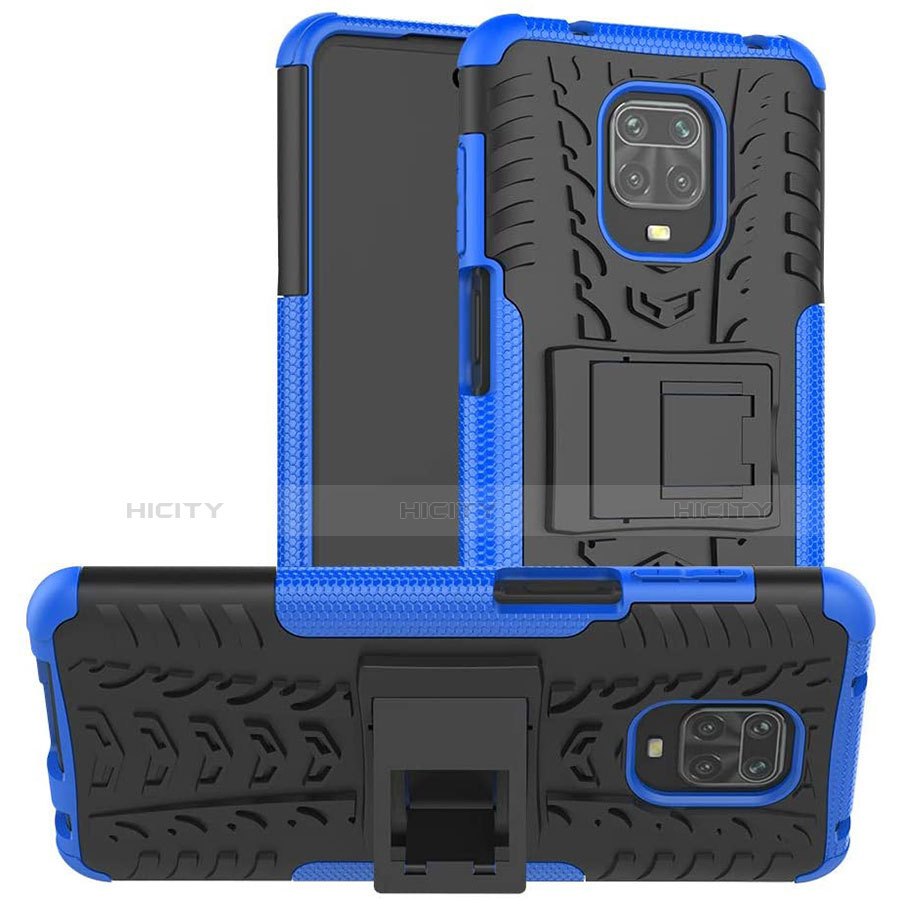 Funda Bumper Silicona y Plastico Mate Carcasa con Soporte para Xiaomi Redmi Note 9 Pro Azul
