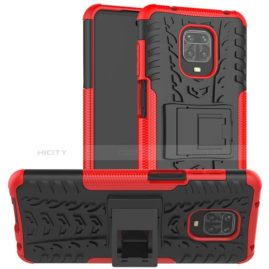 Funda Bumper Silicona y Plastico Mate Carcasa con Soporte para Xiaomi Redmi Note 9 Pro Rojo