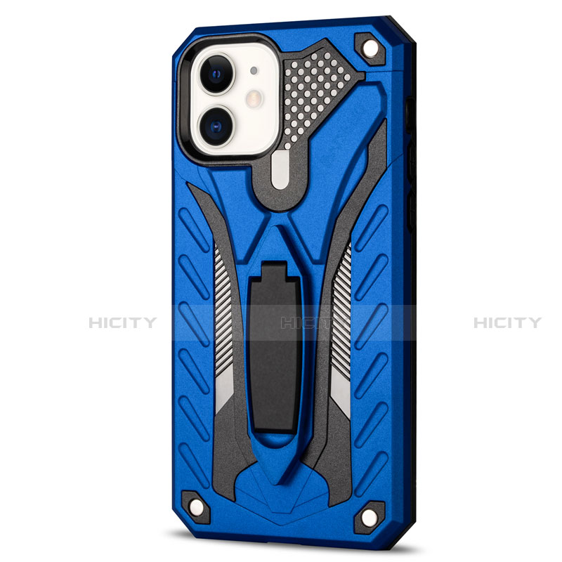 Funda Bumper Silicona y Plastico Mate Carcasa con Soporte R01 para Apple iPhone 12 Mini Azul