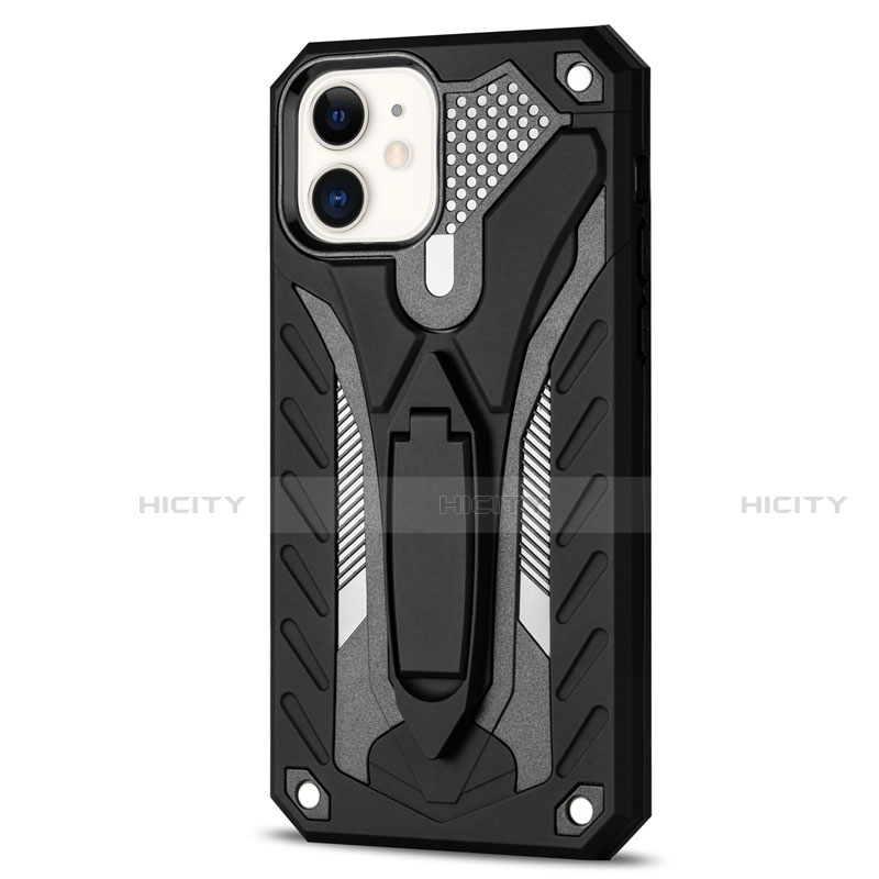 Funda Bumper Silicona y Plastico Mate Carcasa con Soporte R01 para Apple iPhone 12 Mini Negro