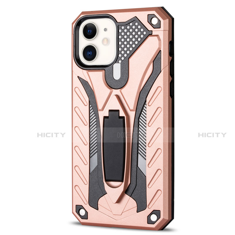 Funda Bumper Silicona y Plastico Mate Carcasa con Soporte R01 para Apple iPhone 12 Oro Rosa