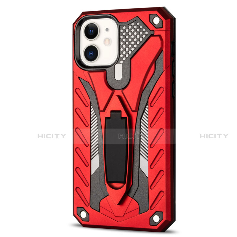 Funda Bumper Silicona y Plastico Mate Carcasa con Soporte R01 para Apple iPhone 12 Rojo
