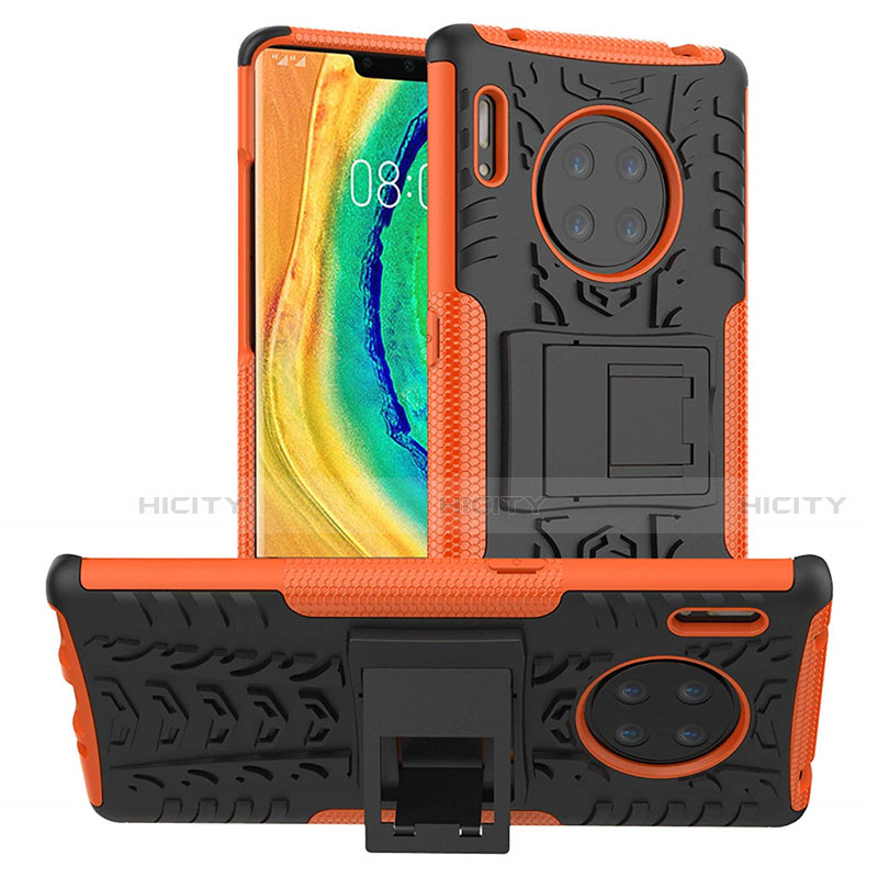 Funda Bumper Silicona y Plastico Mate Carcasa con Soporte R01 para Huawei Mate 30 Pro Naranja