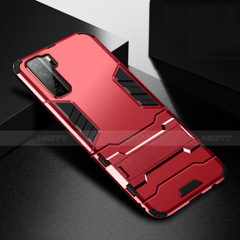 Funda Bumper Silicona y Plastico Mate Carcasa con Soporte R01 para Huawei Nova 7 SE 5G Rojo