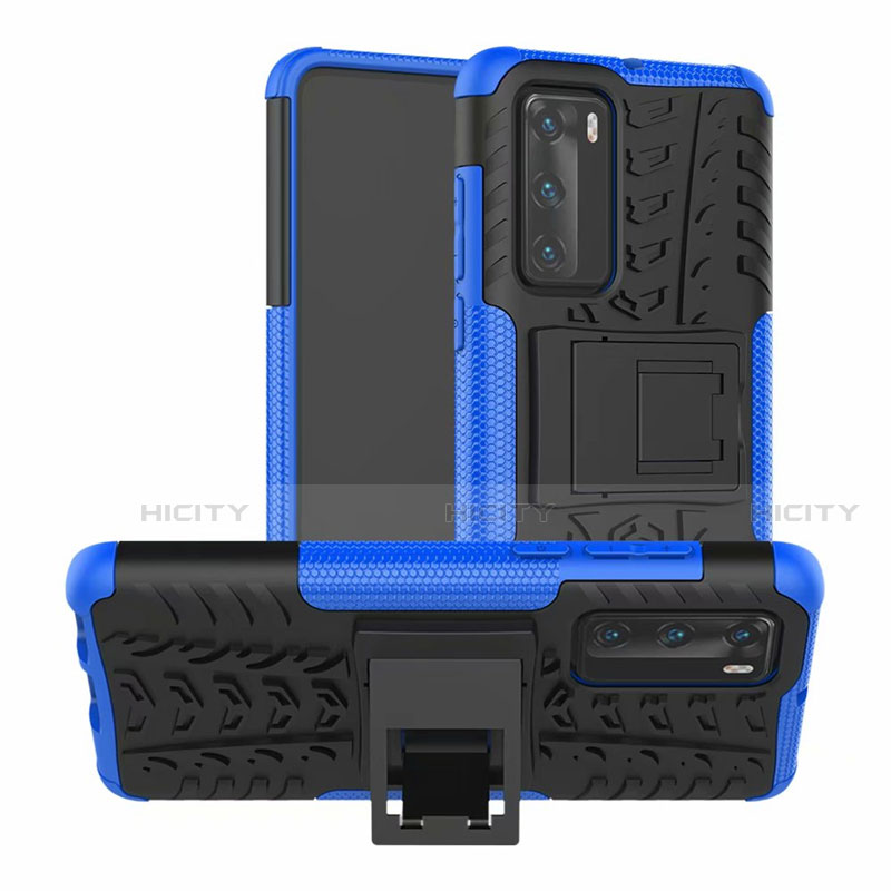 Funda Bumper Silicona y Plastico Mate Carcasa con Soporte R01 para Huawei P40 Azul