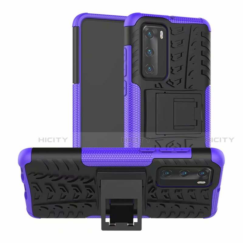 Funda Bumper Silicona y Plastico Mate Carcasa con Soporte R01 para Huawei P40 Morado