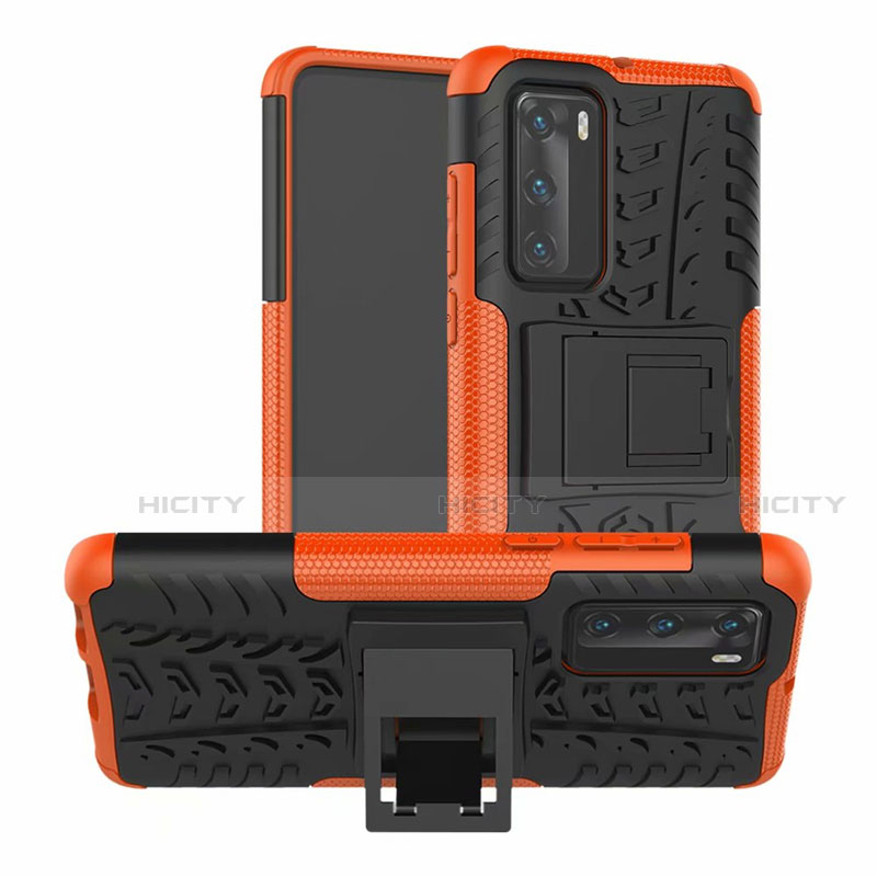 Funda Bumper Silicona y Plastico Mate Carcasa con Soporte R01 para Huawei P40 Naranja