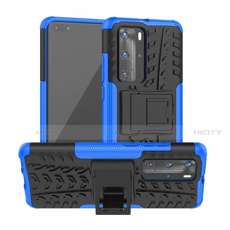 Funda Bumper Silicona y Plastico Mate Carcasa con Soporte R01 para Huawei P40 Pro Azul