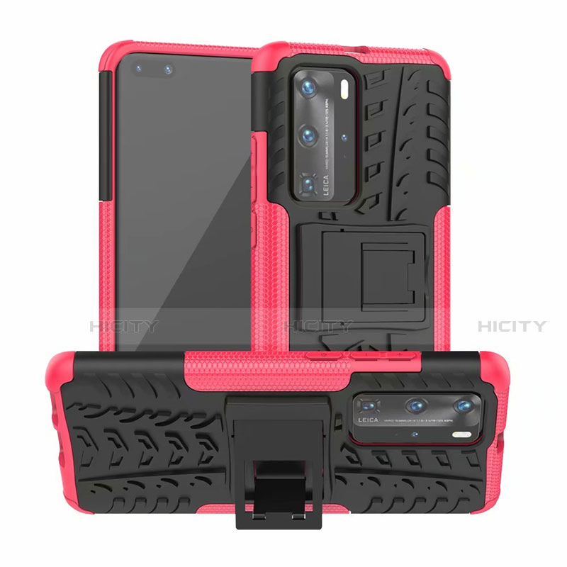 Funda Bumper Silicona y Plastico Mate Carcasa con Soporte R01 para Huawei P40 Pro Rosa