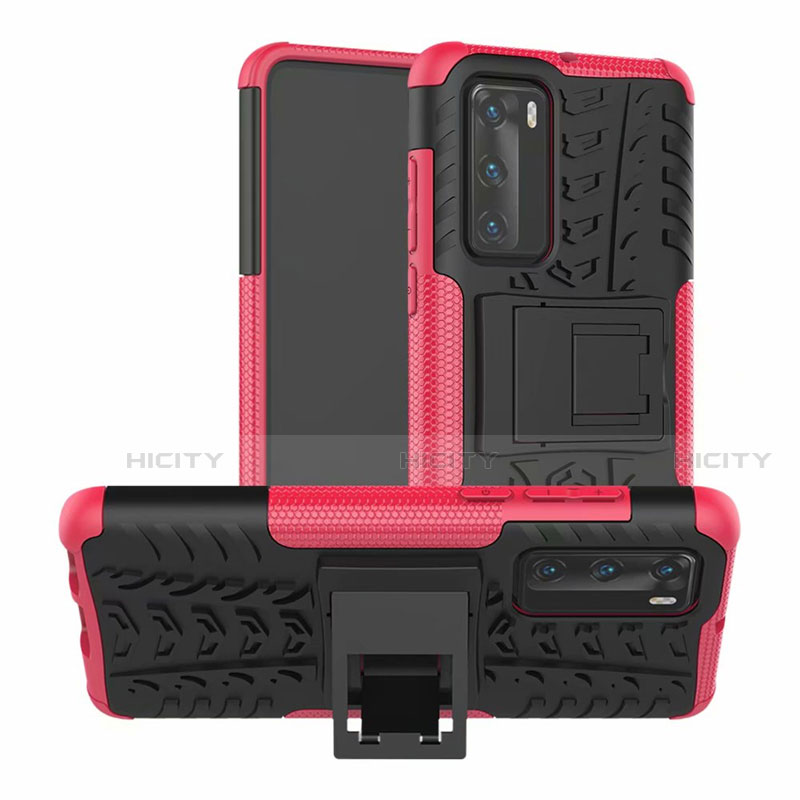 Funda Bumper Silicona y Plastico Mate Carcasa con Soporte R01 para Huawei P40 Rosa