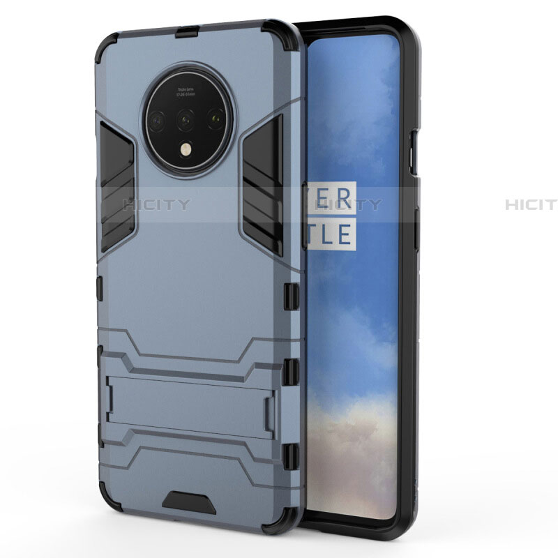 Funda Bumper Silicona y Plastico Mate Carcasa con Soporte R01 para OnePlus 7T Azul