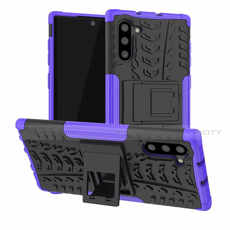 Funda Bumper Silicona y Plastico Mate Carcasa con Soporte R01 para Samsung Galaxy Note 10 5G Morado