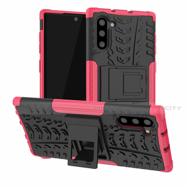 Funda Bumper Silicona y Plastico Mate Carcasa con Soporte R01 para Samsung Galaxy Note 10 5G Rosa Roja