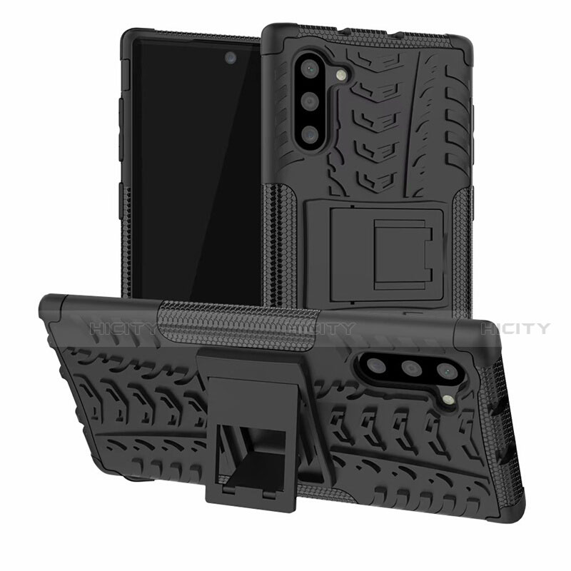 Funda Bumper Silicona y Plastico Mate Carcasa con Soporte R01 para Samsung Galaxy Note 10 Negro