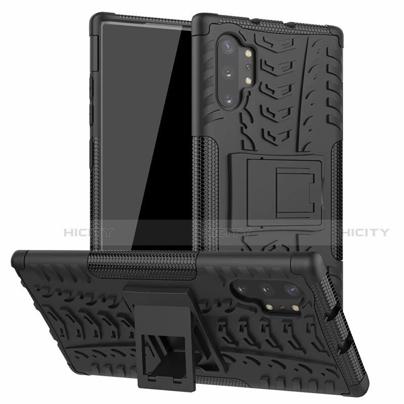Funda Bumper Silicona y Plastico Mate Carcasa con Soporte R01 para Samsung Galaxy Note 10 Plus 5G Negro
