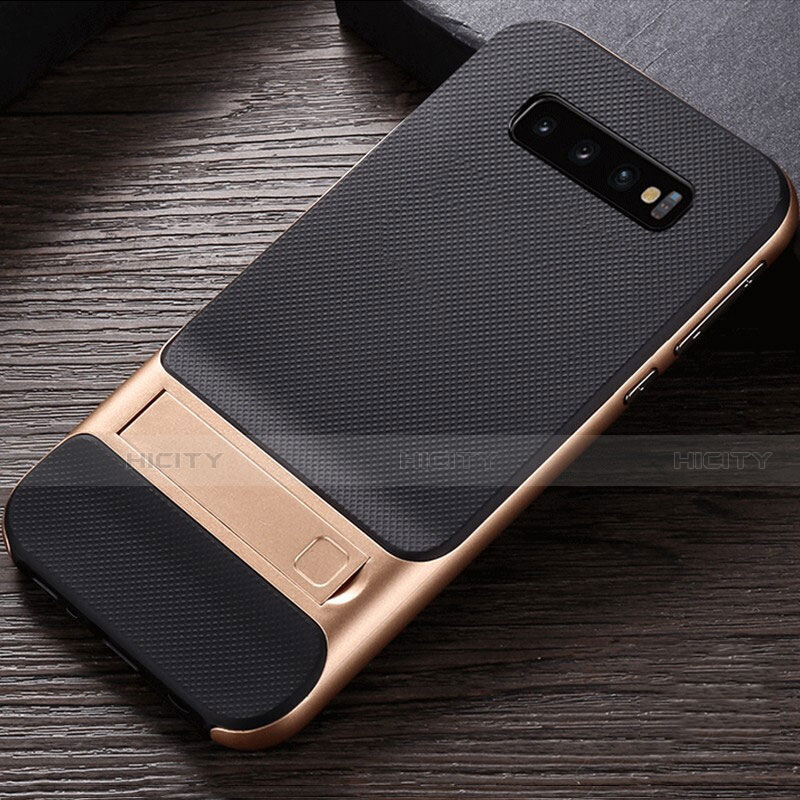 Funda Bumper Silicona y Plastico Mate Carcasa con Soporte R01 para Samsung Galaxy S10 Oro