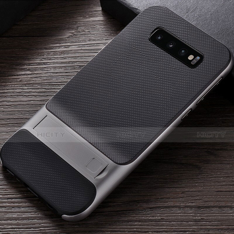 Funda Bumper Silicona y Plastico Mate Carcasa con Soporte R01 para Samsung Galaxy S10 Plus Plata